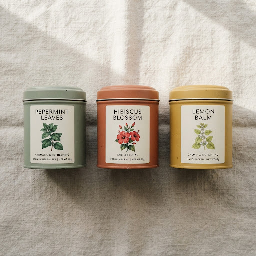 Three colorful tins of herbal tea: Peppermint, Hibiscus, and Lemon Balm on a textured linen cloth.